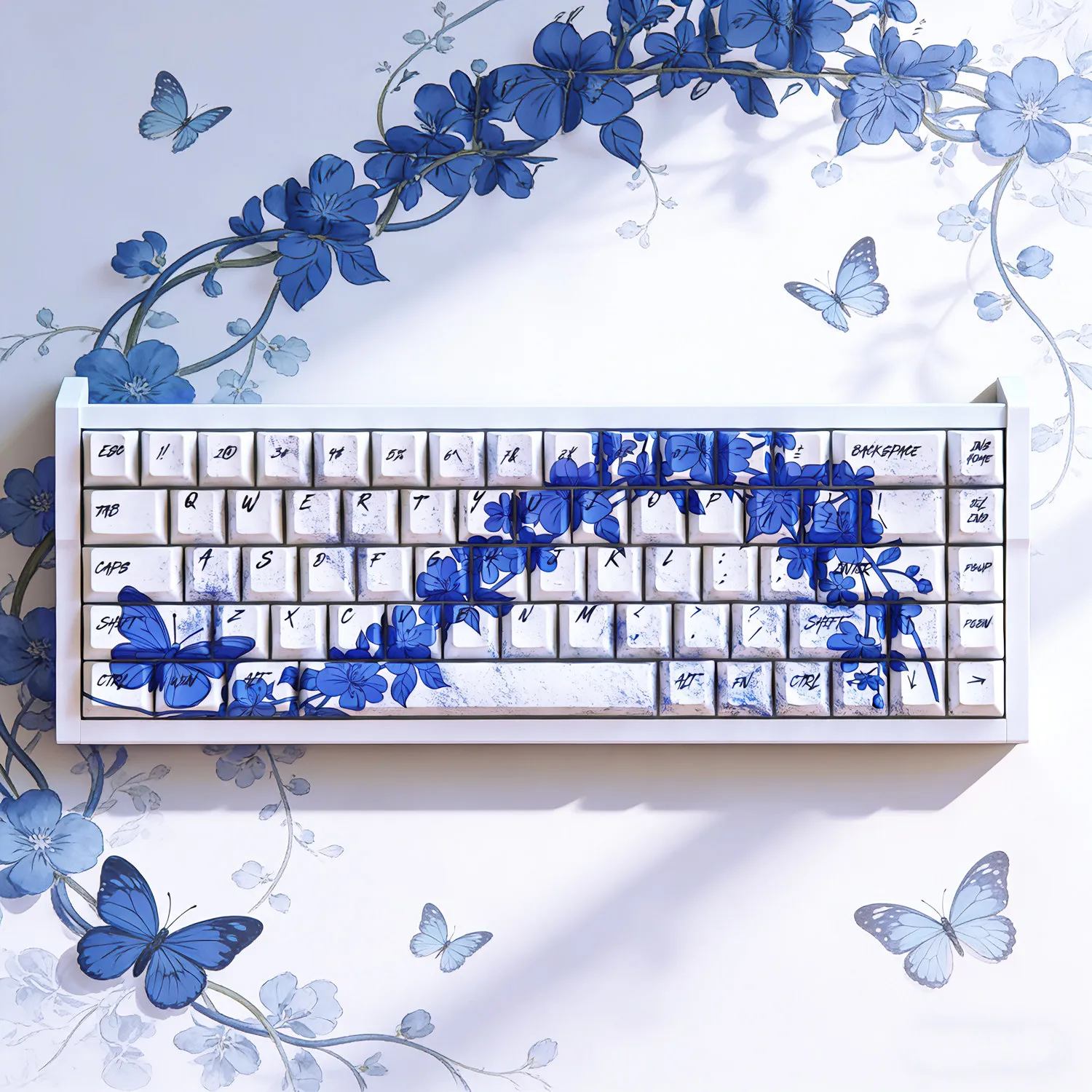 

Колпачки для клавиш PBT для механической клавиатуры, серия «Бабочки, влюбленные в цветы», сине-красная сублимация, высота Cherry, 73 клавиши, для игр, GK61