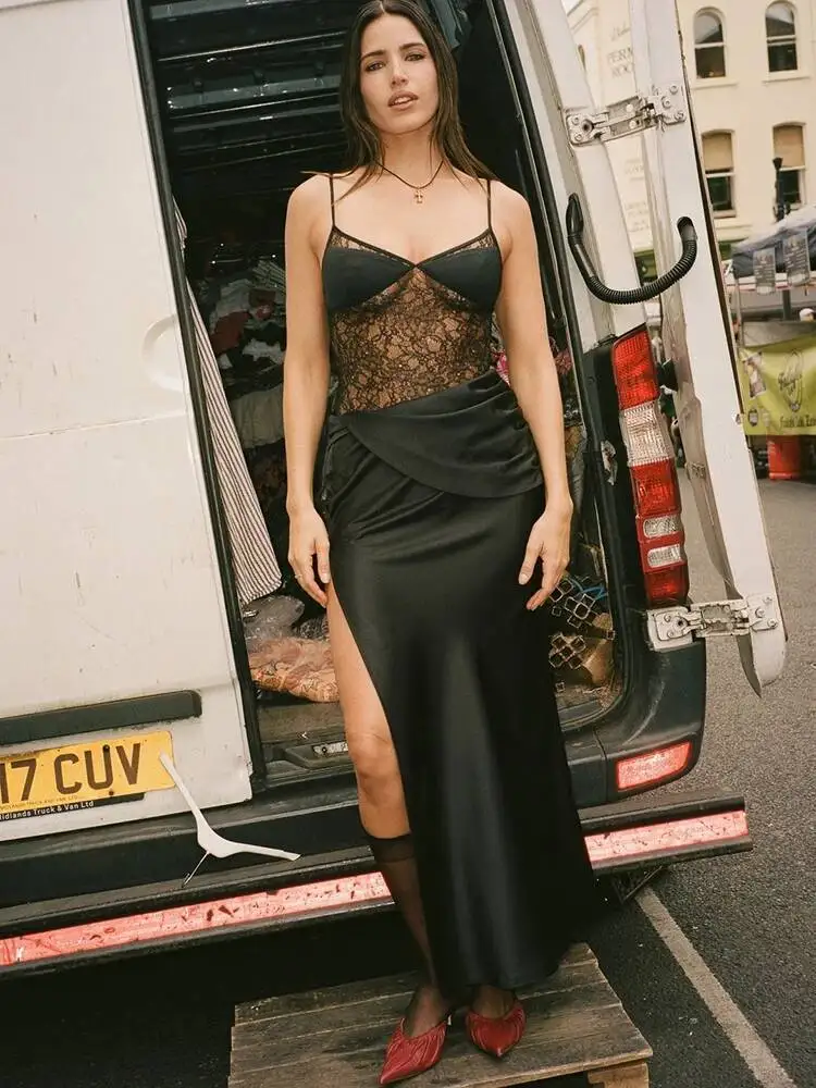 

JULISSA MO Patchwork Sexy See Through Lace Women Maxi Dress Black Spaghetti Strap High Slit Skinny Elegant Party Evening Dress