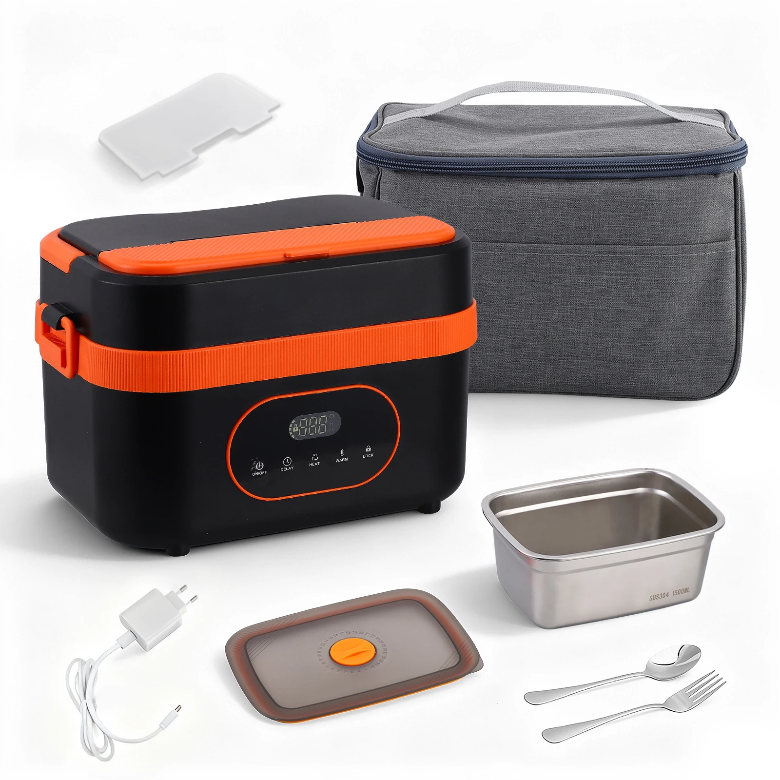1,5L Kabellose Elektrische Lunchbox mit Timer-Funktion, eingebautem 21000-mAh-Schnellheizgerät, Edelstahlschüssel für Büro, Auto, Outdoor-Reisen