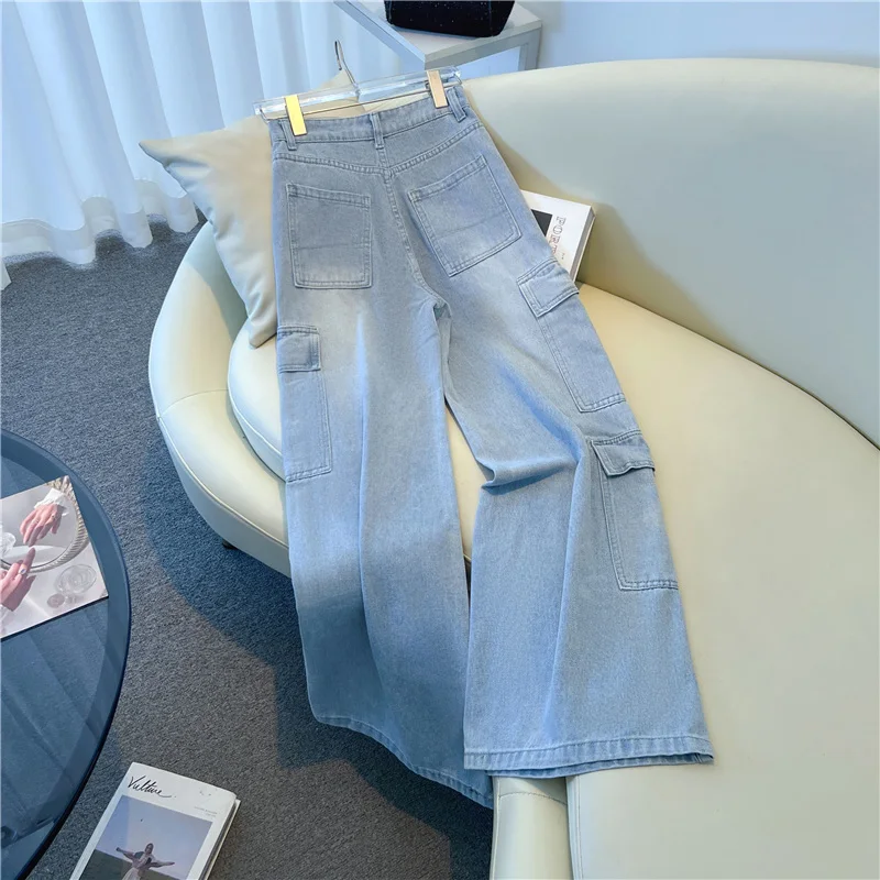 Lichtblauwe jeans met wijde pijpen voor dames Hoge taille Losse casual rechte cargo-denimbroek Lente herfst retro broek