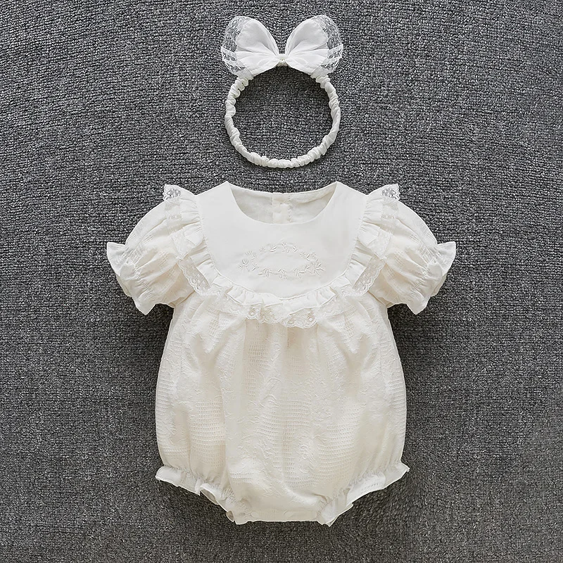 Summer Short Sleeve Lace White Baby Girl Bodysuits Cotton Jumpsuits Princess Girls Clothes