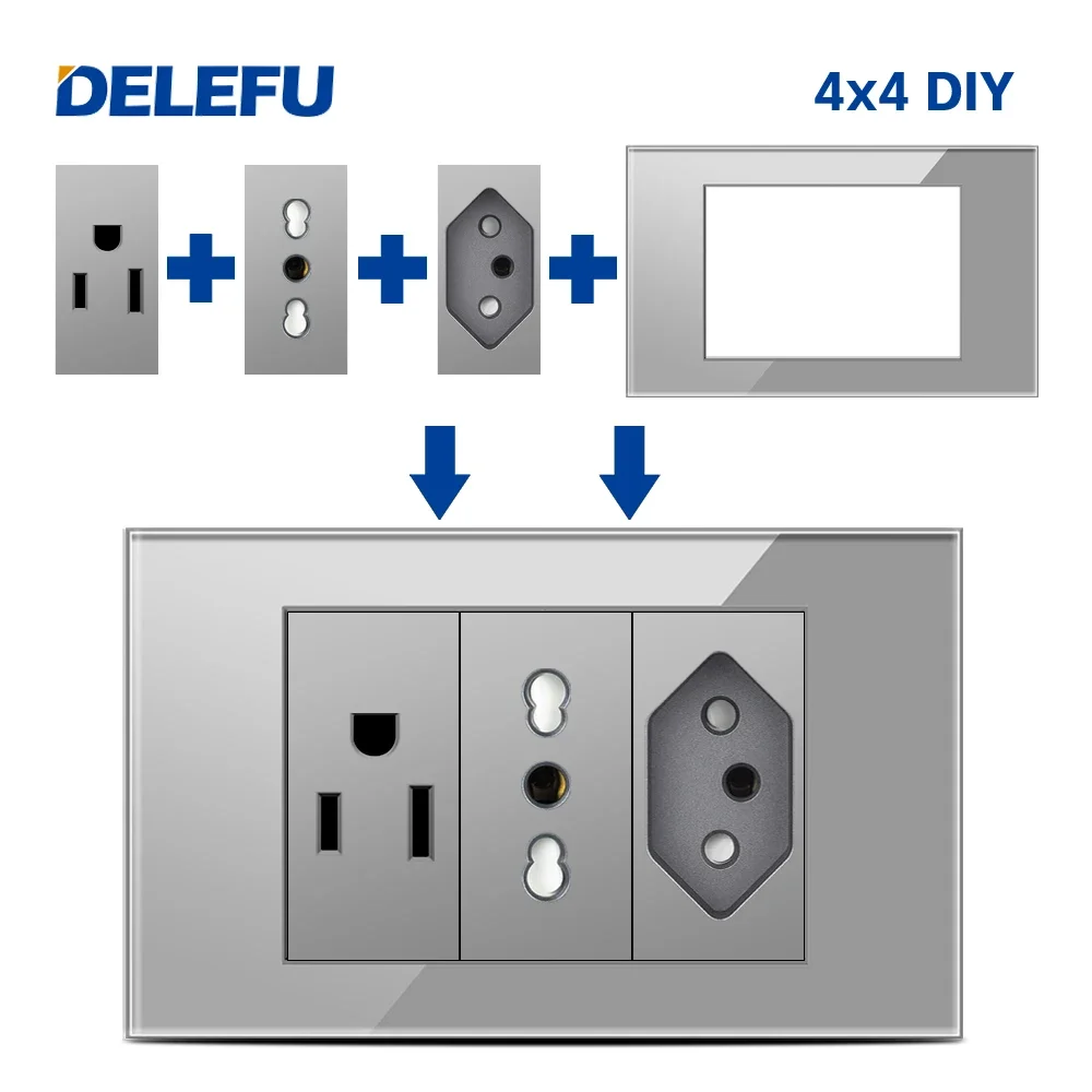 Delefu Brazilian Italy America Eu Standaard Socket Switch Usb Snel Opladen Type C Sleutel Diy 4*2 4*4 Panel Functie Moudule Grey