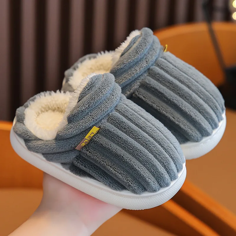 New Winter Kid Cotton Slippers Child Indoor Thick Sole Slippers Non Slip Platform Soled Warm Plush Heel Wrap Home Shoes Girl Boy