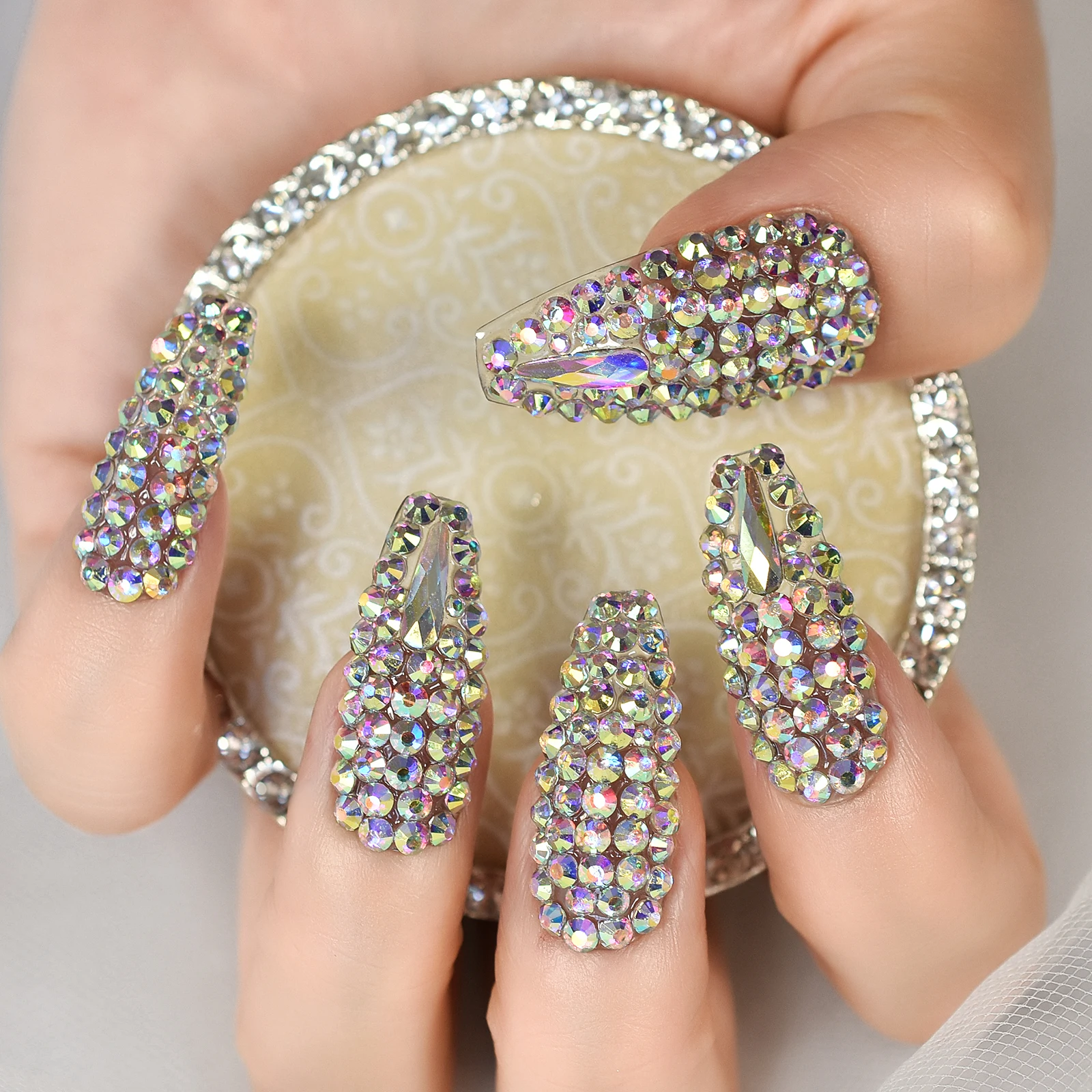 Full Cover Diamond Rhienstone Manicure Salons At Home Medium Coffin Press On Nail Tips Fake Nails Art Collection