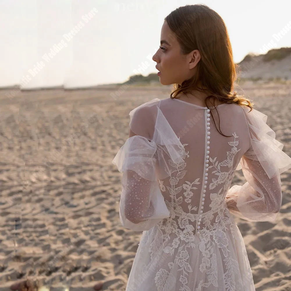 Vestidos de novia elegantes de tul para mujer, vestidos de novia de manga larga con cuello redondo profundo, longitud de fregado, túnicas de línea A con abertura lateral, el más nuevo