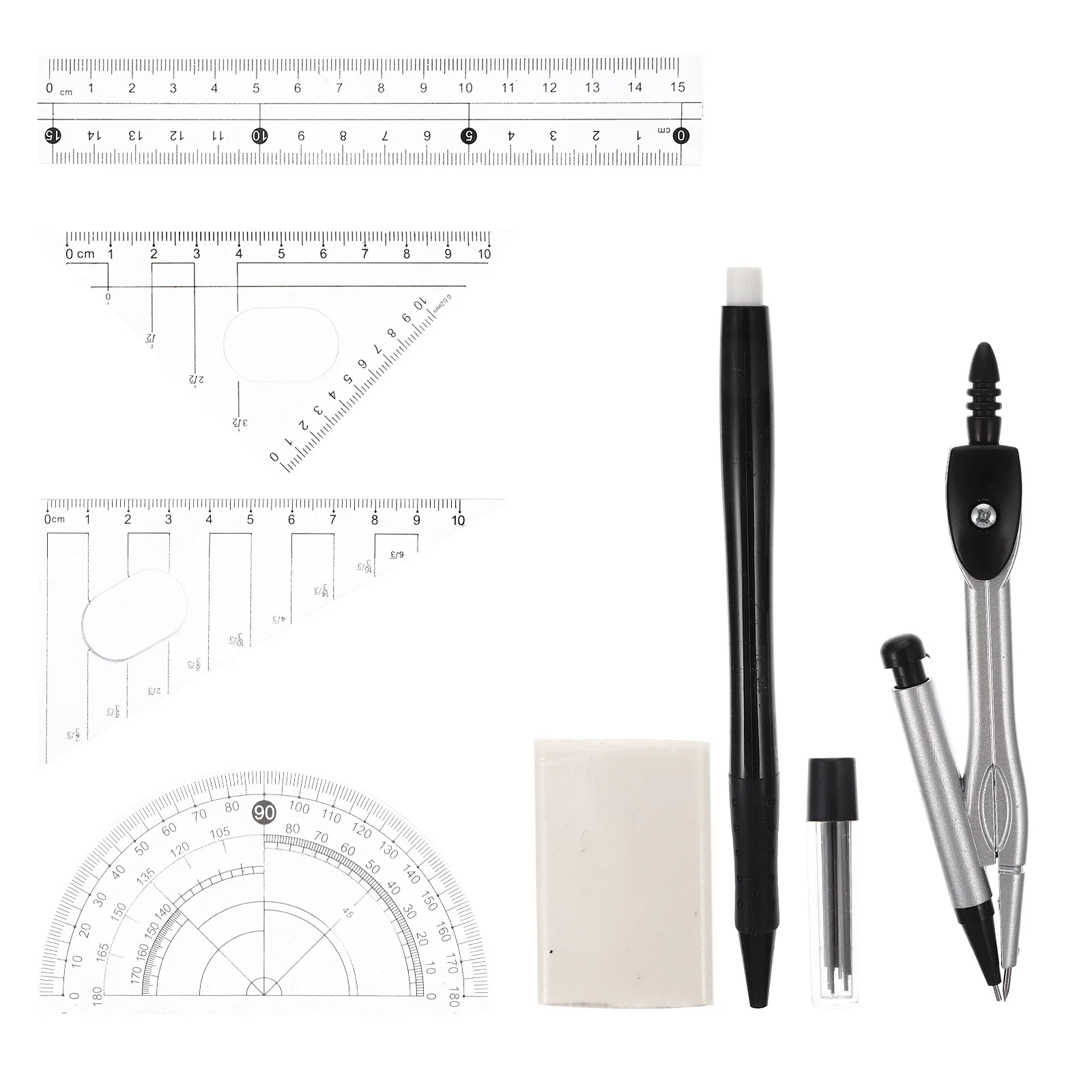 Règle de boussole, outils de mesure, boîte à outils de dessin, rapporteur en plastique transparent, règle triangulaire, Kit de papeterie scolaire et mathématique, 1 ensemble