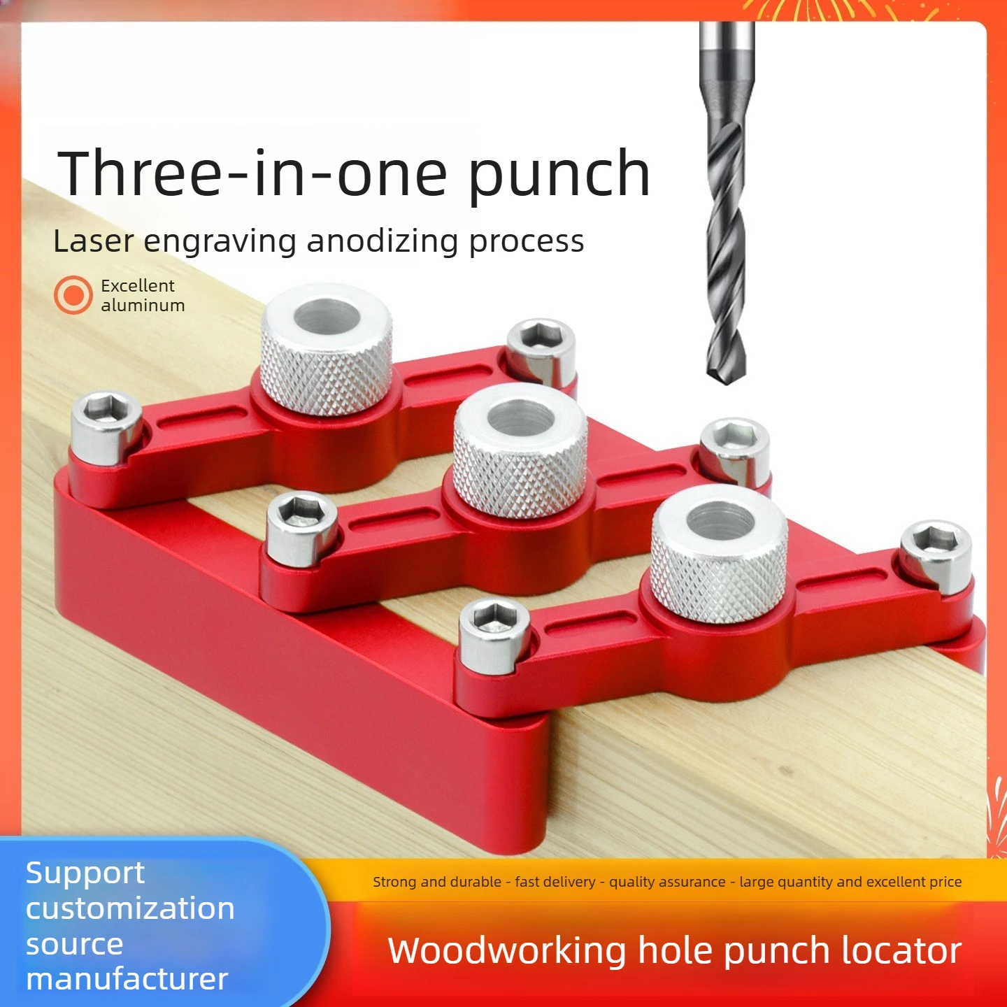 Woodworking round wood tenon three in one hole opener, replaceable drill sleeve locator, 90 degree auxiliary straight hole