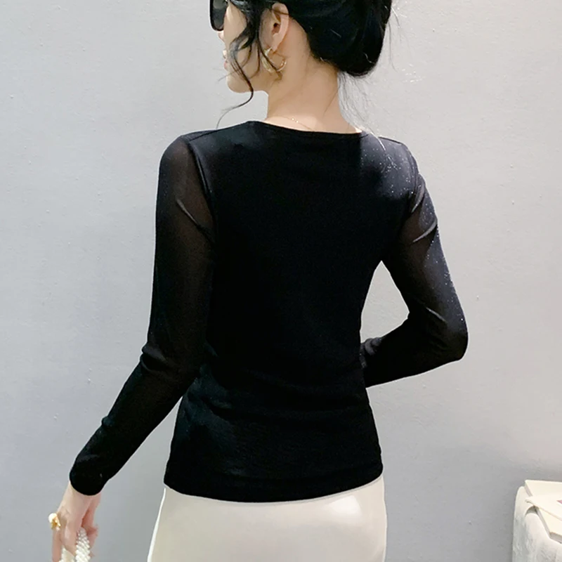 Black Korean Style Fall Winter Mesh T-Shirt Chic Sexy V-Neck Draped Women Tops Long Sleeve Bottoming Shirt Tees 2024 New 491907