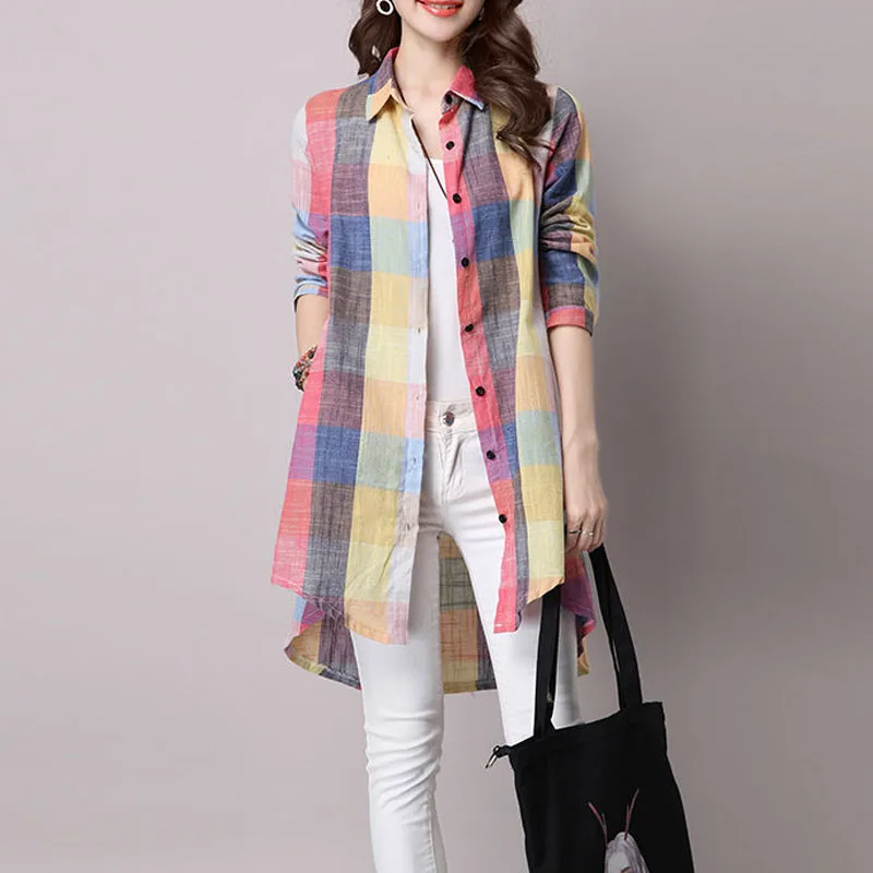 Casual Korean Female Midi Turn-down Collar Plaid Shirt 2024 Fashion Spring Autumn Young Style Single-breasted Long Sleeve Blouse