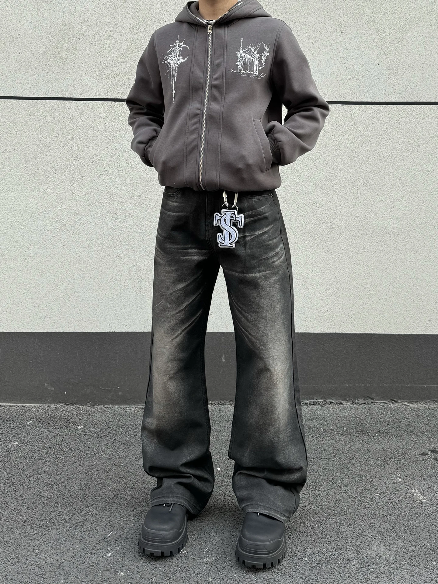 

Retro American 3D Printed Whisker Pattern Men's Jeans Loose Straight Leg Wide Leg Cleanfit Long Pants Cotton Denim Jeans