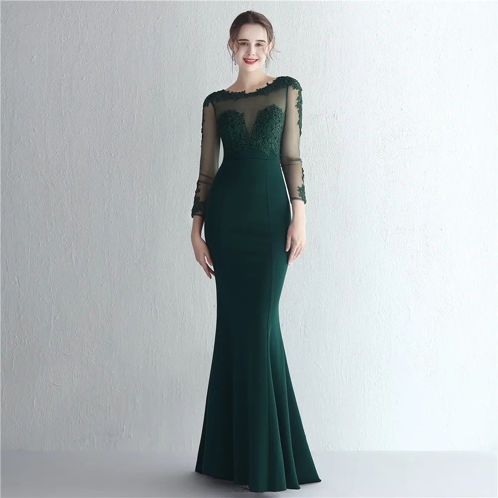 Customized Women's Boat Neck Long Sleeve Handmake Wedding Mermaid Lace Beaded Formal Evening Gown