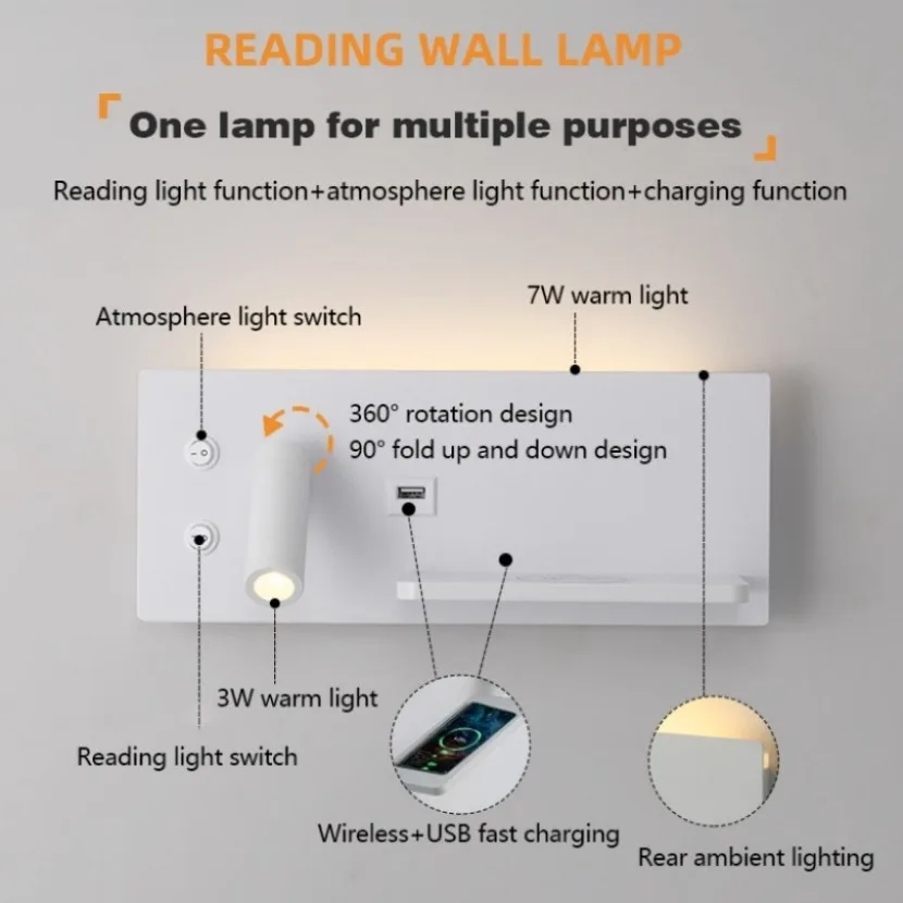 Modern LED Wall Lights Suitable for Living Rooms Bedrooms Wireless Chargers Minimalist Creativity USB Interface Night Lights