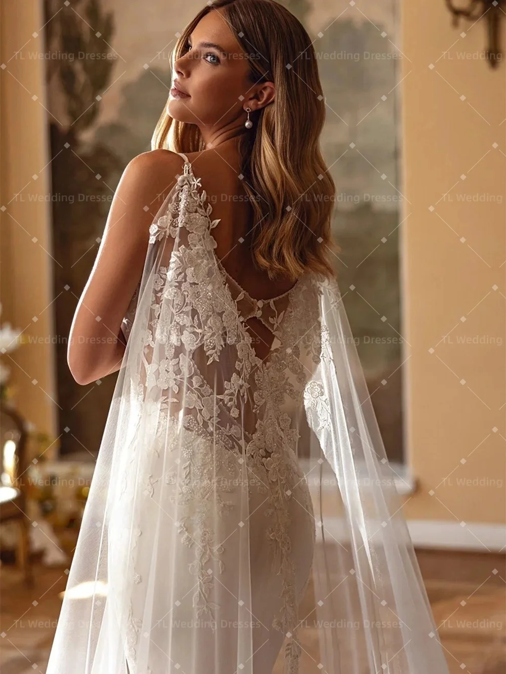 TL 2026 Spaghetti Strap Wedding Dresses Spaghetti Straps No Veils Lace Appliques V-neck Bridal Gown Vestido De Noiva Customised