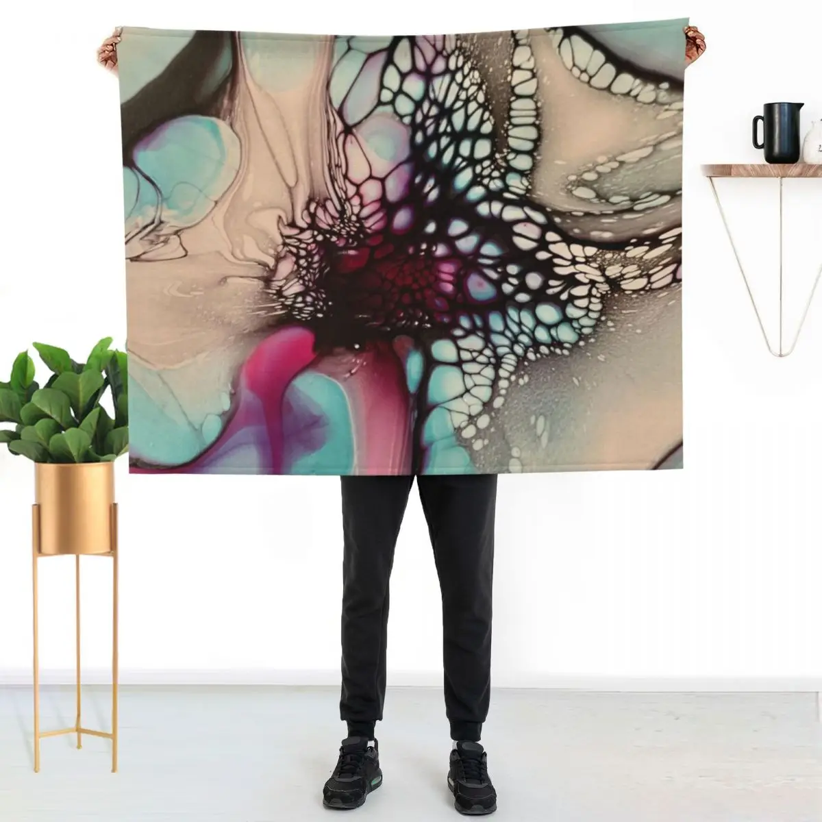 Beautiful Blue and Magenta Flower Inspired Abstract Fluid Acrylic Pour Throw Blanket Custom Weighted Camping Beautifuls Blankets