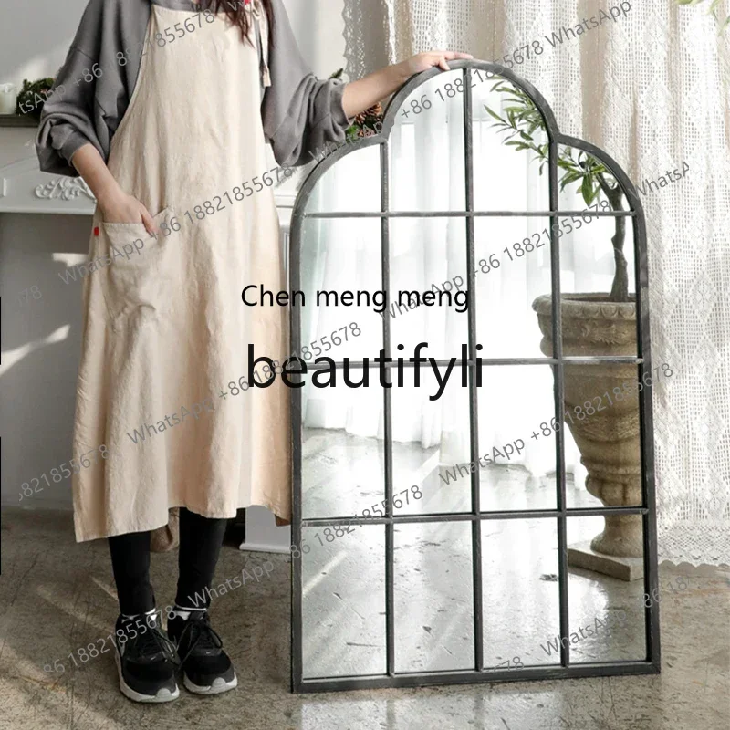 Wrought iron full-length mirror floor-to-ceiling full-length mirror European retro wall-mounted fitting mirror background wall29