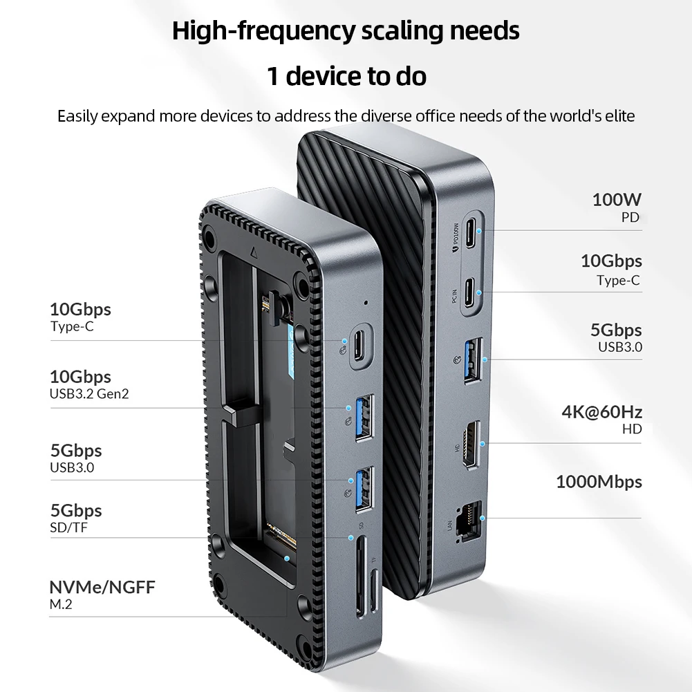 ORICO 10 in 1 Docking Station M.2 SSD Enclosure USB C 10Gbps PD 100W RJ45 SD/TF 4K Dock Station Plug and Play for Laptop Macbook