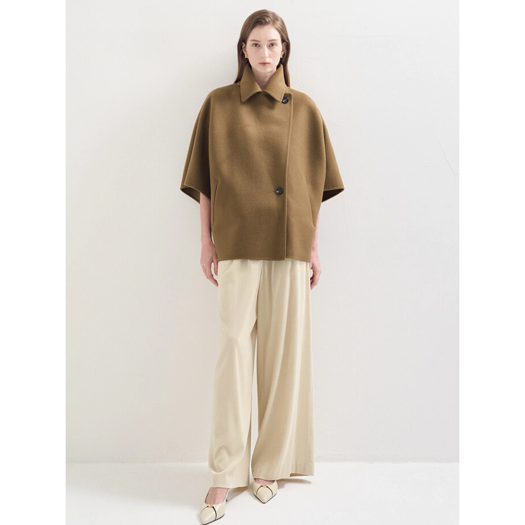 

Double-Sided Wool Camere Coat Lemon Cheese LAN25 Casual Commute Sle Mid-Sve Ladies ort Outerwear Coat