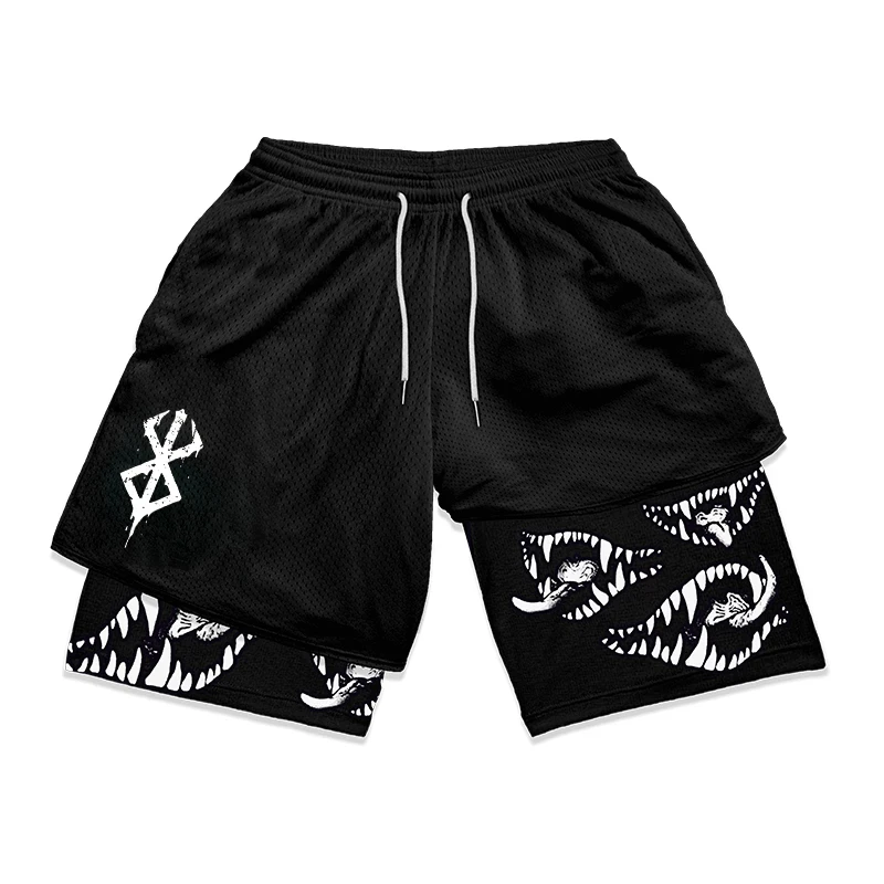 Berserk Print 2 in 1 Running Shorts for Men Gym Workout Fitness Athletic Shorts with Pockets Summer Activewear Quick Dry Stretch