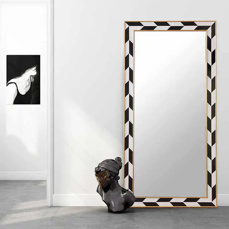 

Nordic light luxury full body mirror household floor mirror girls bedroom full-length mirror American black and white grid