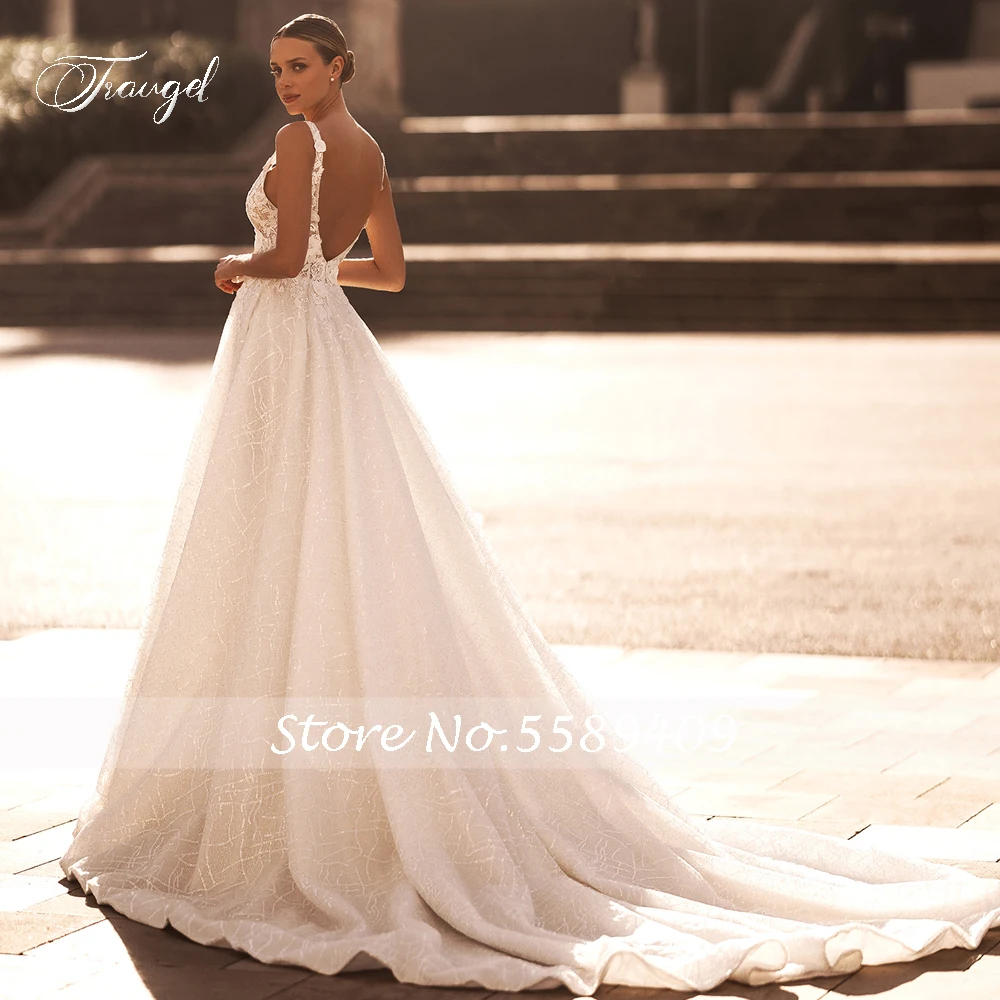 Traugel Sexy Backless V Neck Lace Vintage Wedding Dresses Delicate Tank Appliques Flowers Court Train A Line Bridal Gown