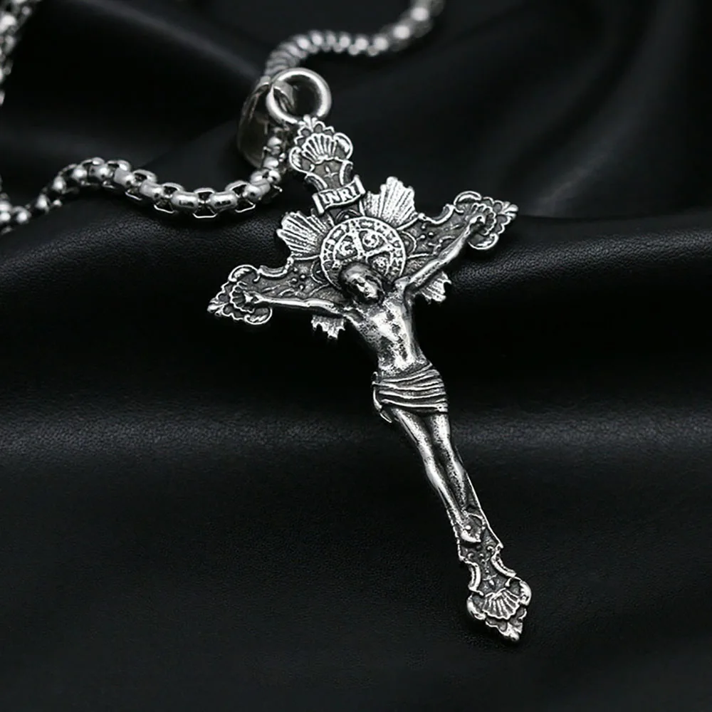 Vintage Men Jesus Cross Necklace Stainless Steel Cross Orthodox Pendant Necklace Biker Fashion Amulet Jewelry Gift Wholesale