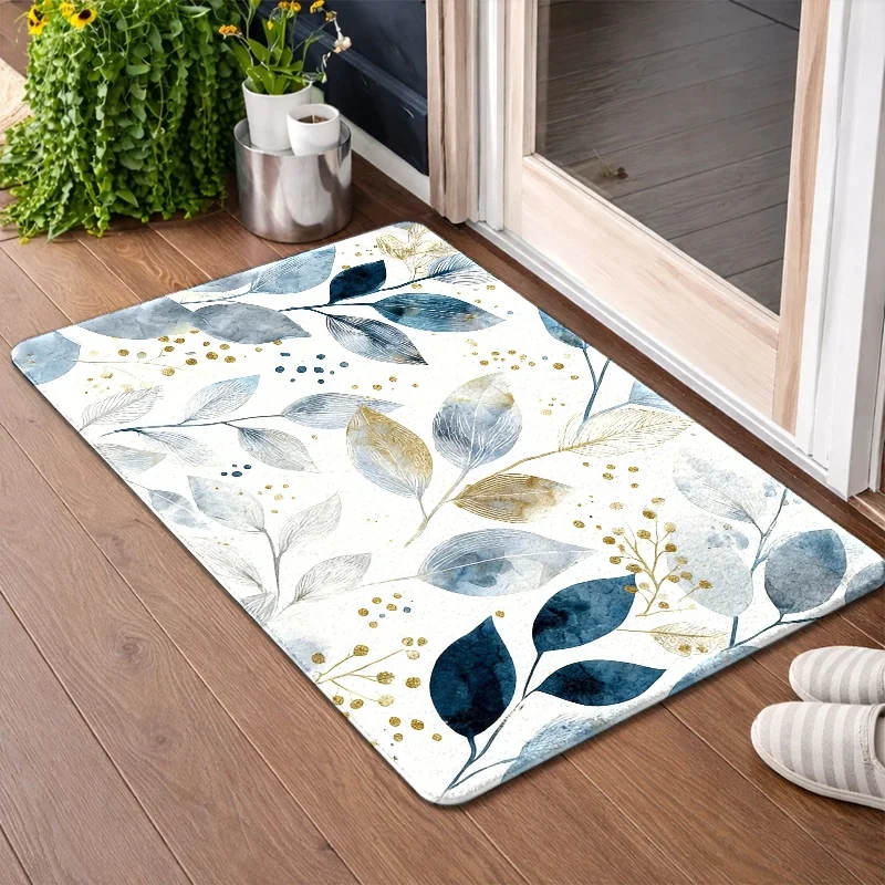 Elegant Botanical Leaf Print Doormat Entryway Mat Watercolor Blue and Gold Tones Printed Rug for Modern Home Decor
