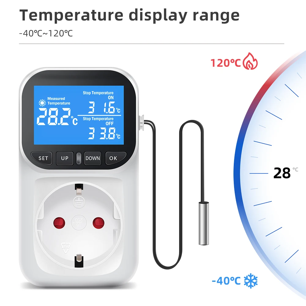 Digital Temperature Controller Socket Outlet EU Plug Thermostat With Timer Sensor Probe Heating Cooling Switch 16A Backlight