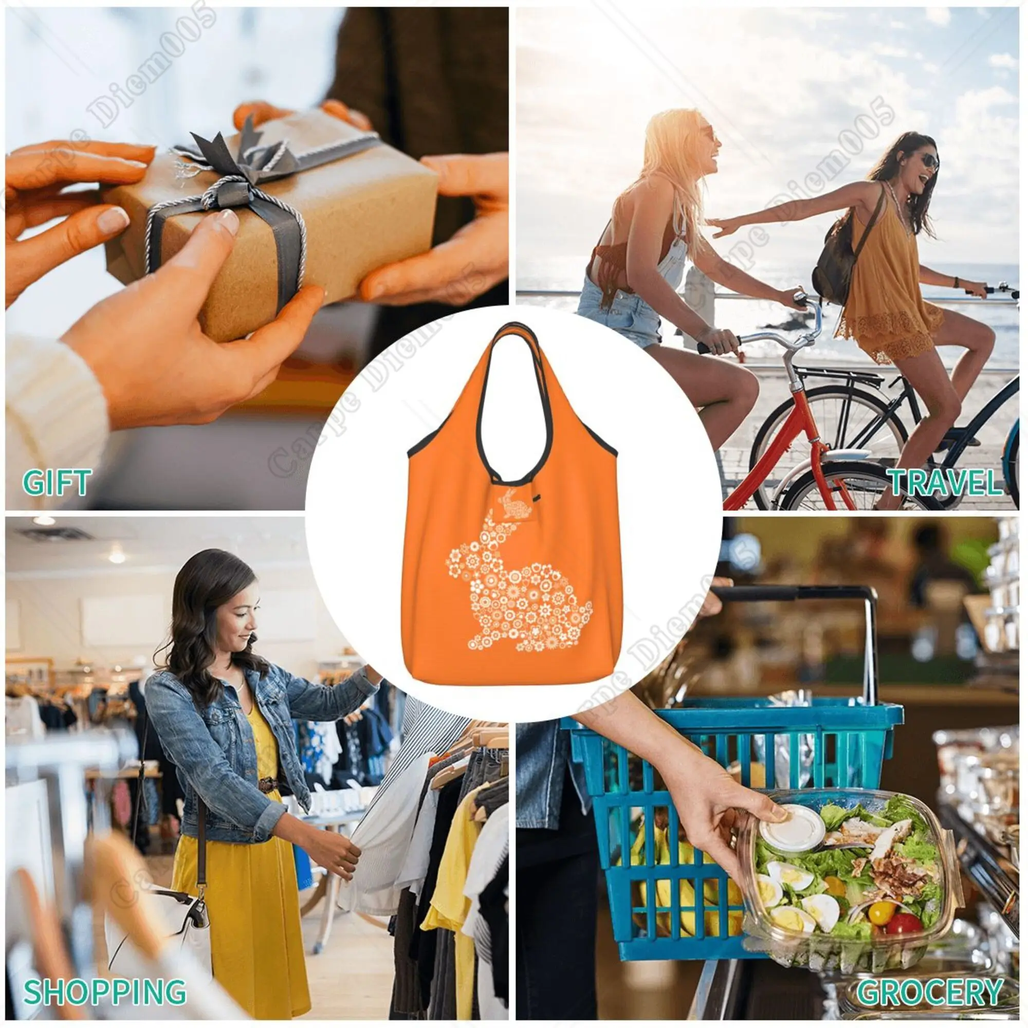 Easter Bunny Floral Orange Folding Shopping Bag Portable Tote Bag Recyclable Grocery Bags for Men Women Outdoor Shopper