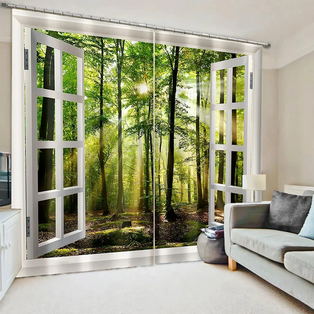 Forest Windows 3D Nature Landscape Beach Sea Tree Green Drapes Window Curtains for Living Room Bedroom Kitchen 2 Pieces Decor