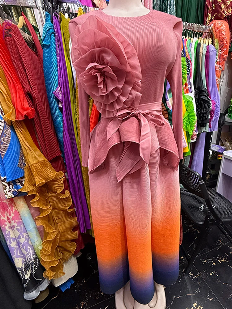 EGRM Miyake Pleated Flower Belt Dress Sets 2025 New Original Designer Tops + Gradient Color A Line Skirt Women's Two Peice Sets image 6