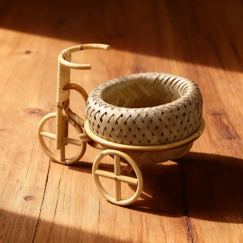 Handmade Bamboo Rattan Bicycle Ornament & Small Basket - Newborn Take Photo Props Multi-Use for Baby Shoots & Living Room Decor