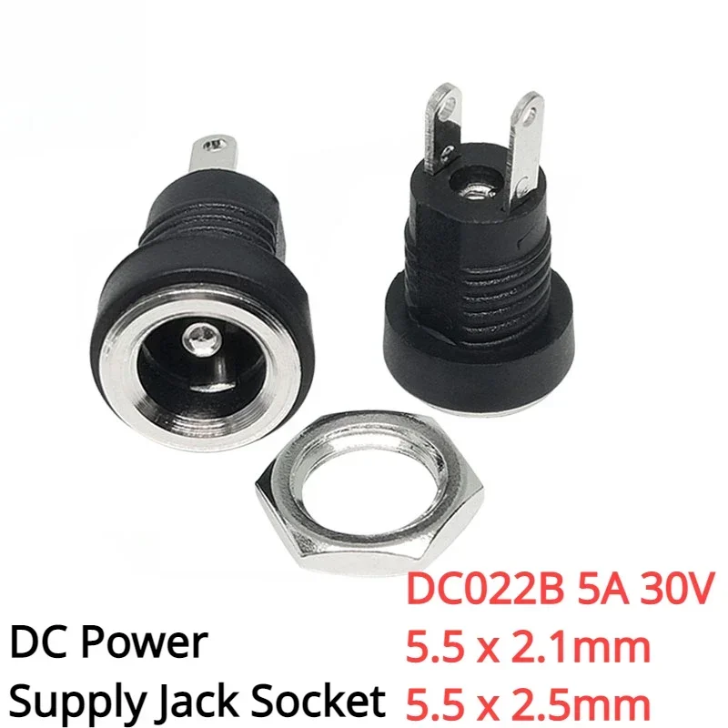 

DC022B 5A 30V For DC Power Supply Jack Socket Female Panel Mount Connector 5.5mm x 2.1mm Plug Adapter 2 Terminal Types 5.5x2.5mm