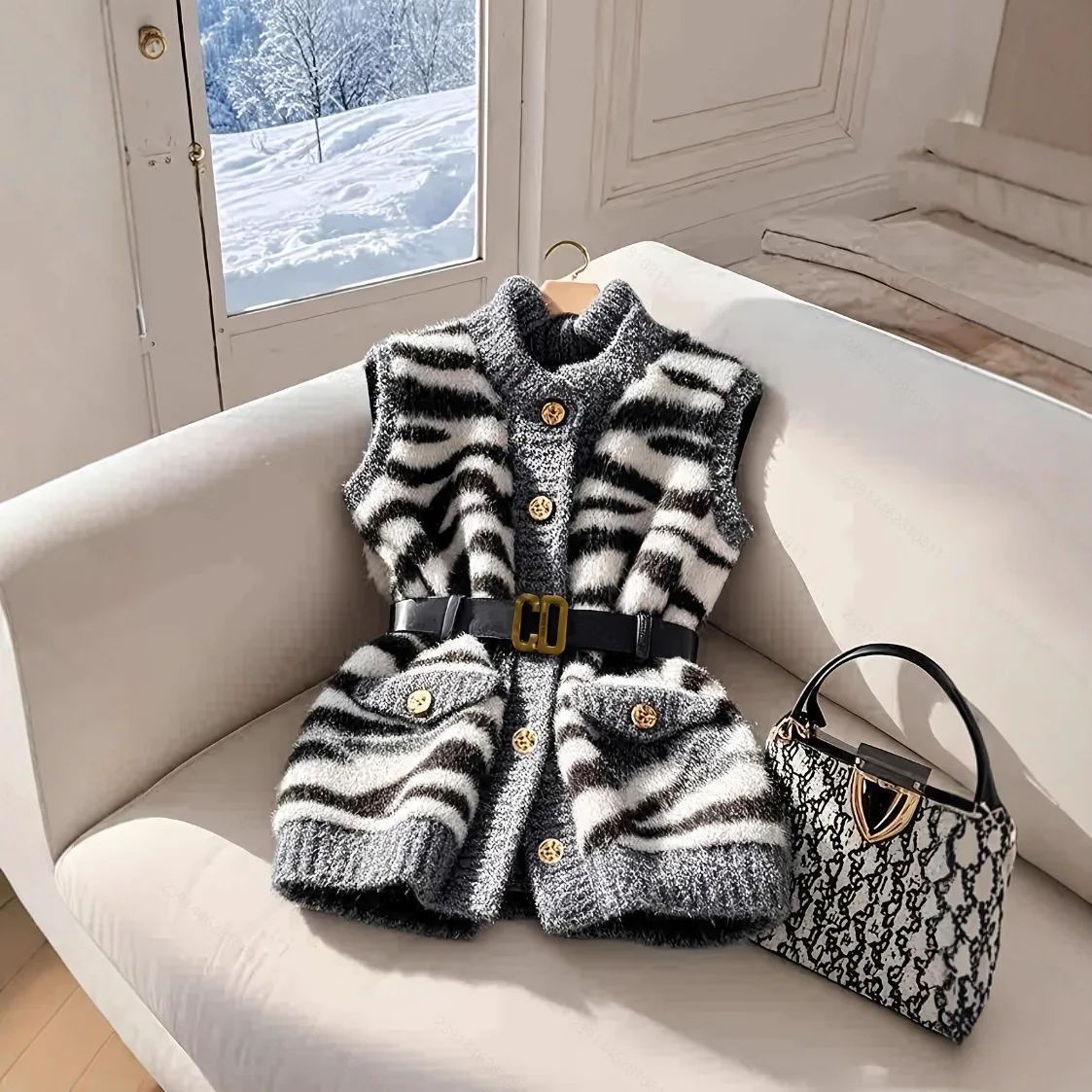 Women Striped Mohair Knitted Waistcoat Autumn Winter Gray Zebra Pattern Printed Sweater Vest Mohair Cashmere Cardigan Tank Tops