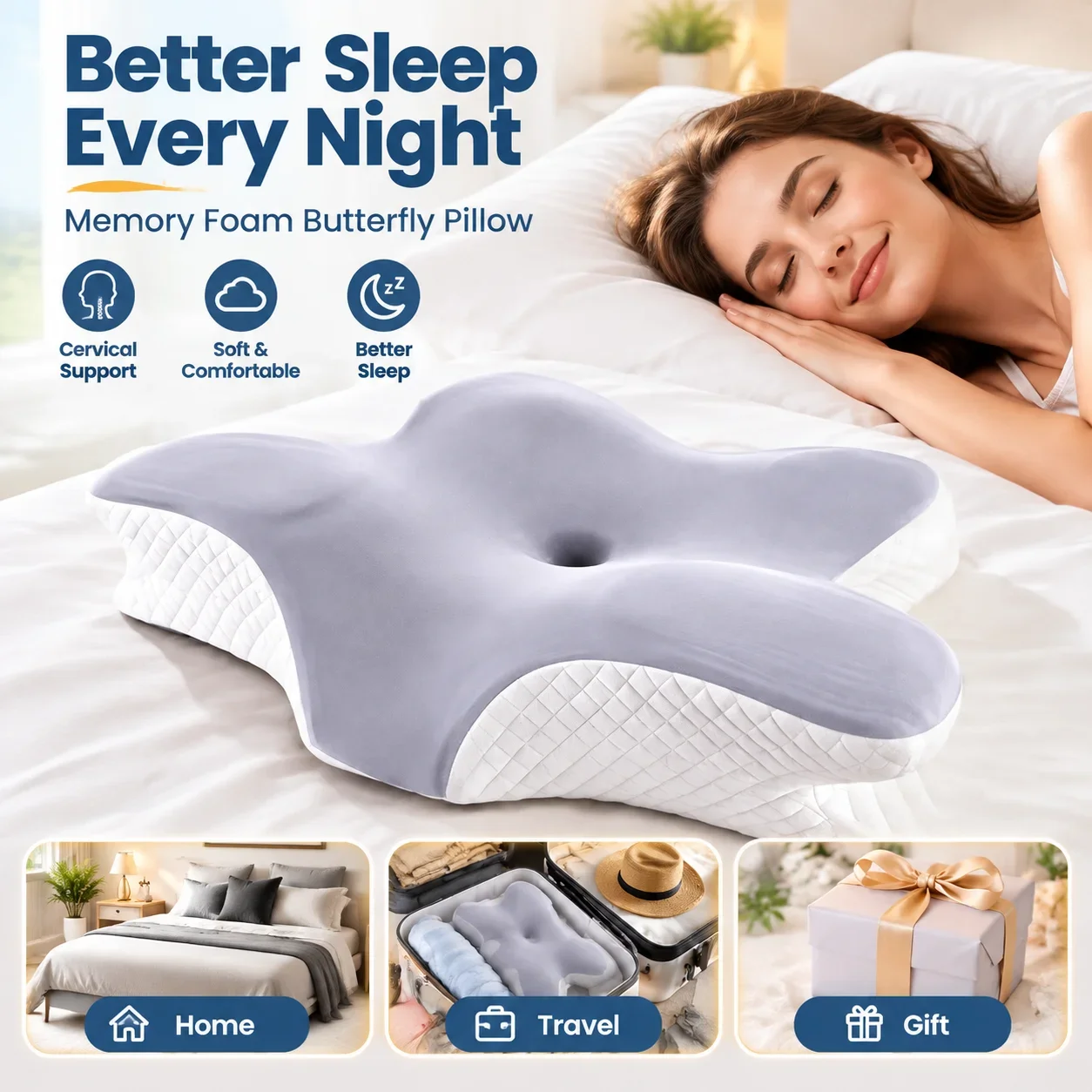 Memory Foam Butterfly Pillow Slow Rebound Cervical Support Sleep Aid Cushion Soft Bedding for Adult Night Rest Relaxation
