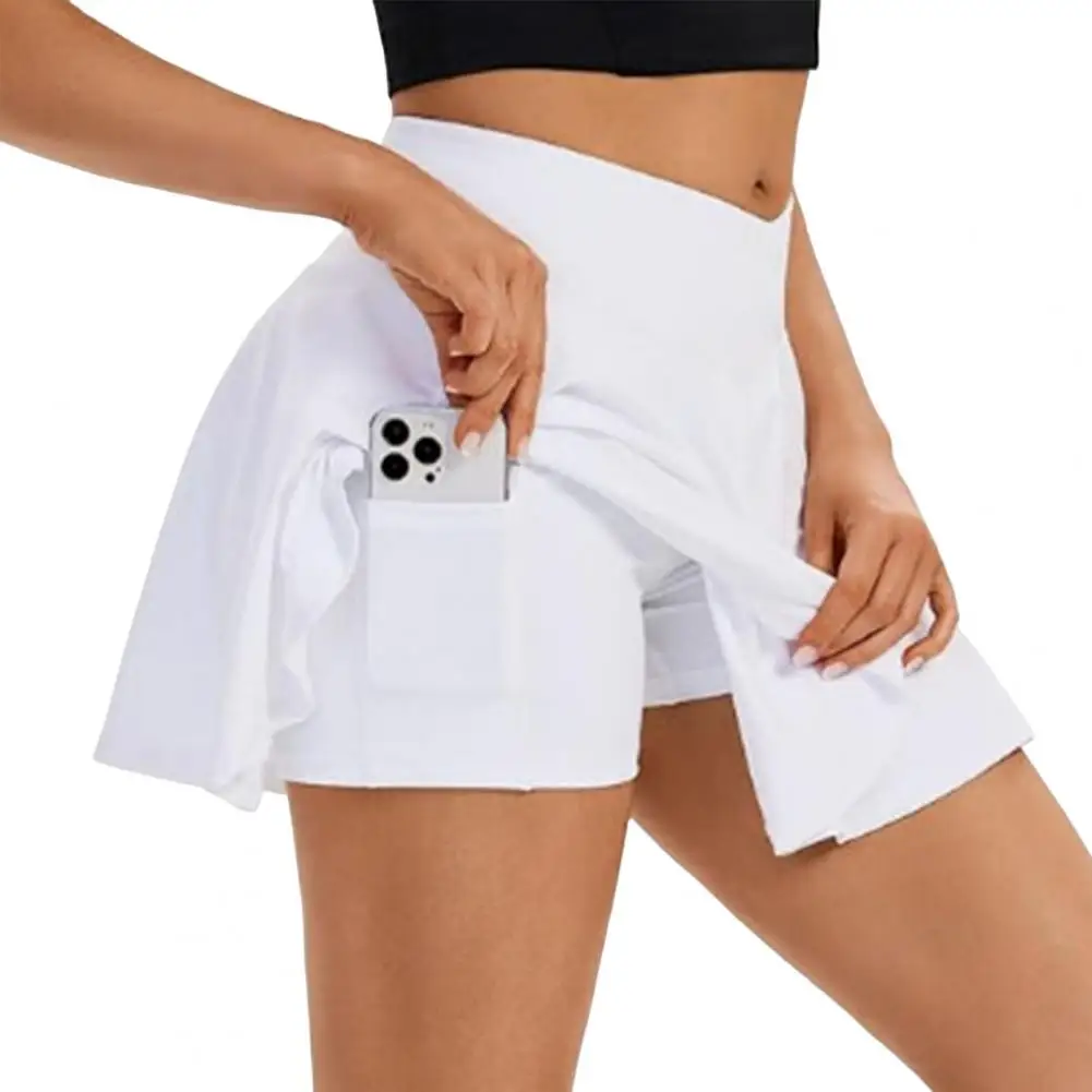 Summer Sexy Women Yoga Skort A-Line Sport Pants Skirt With Phone Pocket Liner Solid Color Skater Dance Safety Skirt