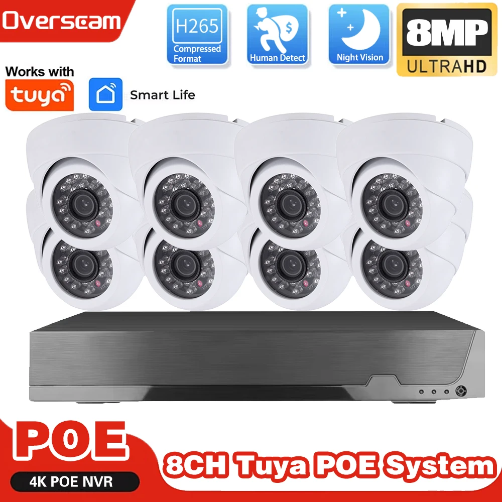 

H.265 Tuya 8CH 4K NVR Kit 8MP POE Система камер безопасности Обнаружение человека Smartlife Купольная IP-камера Комплект видеонаблюдения Onvif