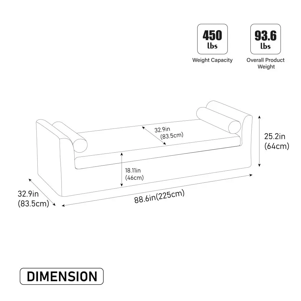 Chenille Chaise Lounge Bench with Armrests & Bolster Pillows, PVC Legs for Bedroom Living Room Entryway, 88.58