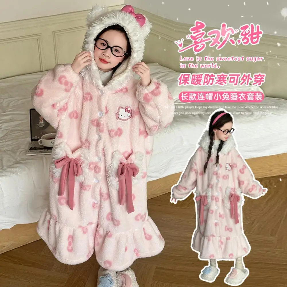 Anime My Melody Kids Girls Long Hooded Plush Pajamas Suit Sanrioed Babys Home Clothes Winter Cartoon Warm Thicken Loungewear