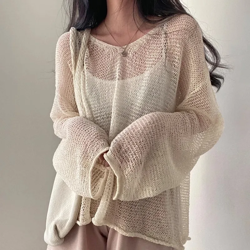 Hollow Out Chic Blouse Female Autumn Thin Knitwear Korean Loose Sweater Beige Women Fashion Jumpers Pullovers Casual Sweaters