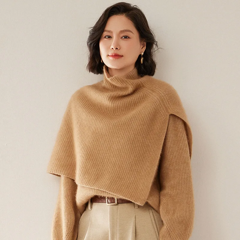 

Осень и зима новая рубашка из чистого кашемира женская водолазка пуловер шаль накидка свободный ленивый ветровой вязаный свитер куртка