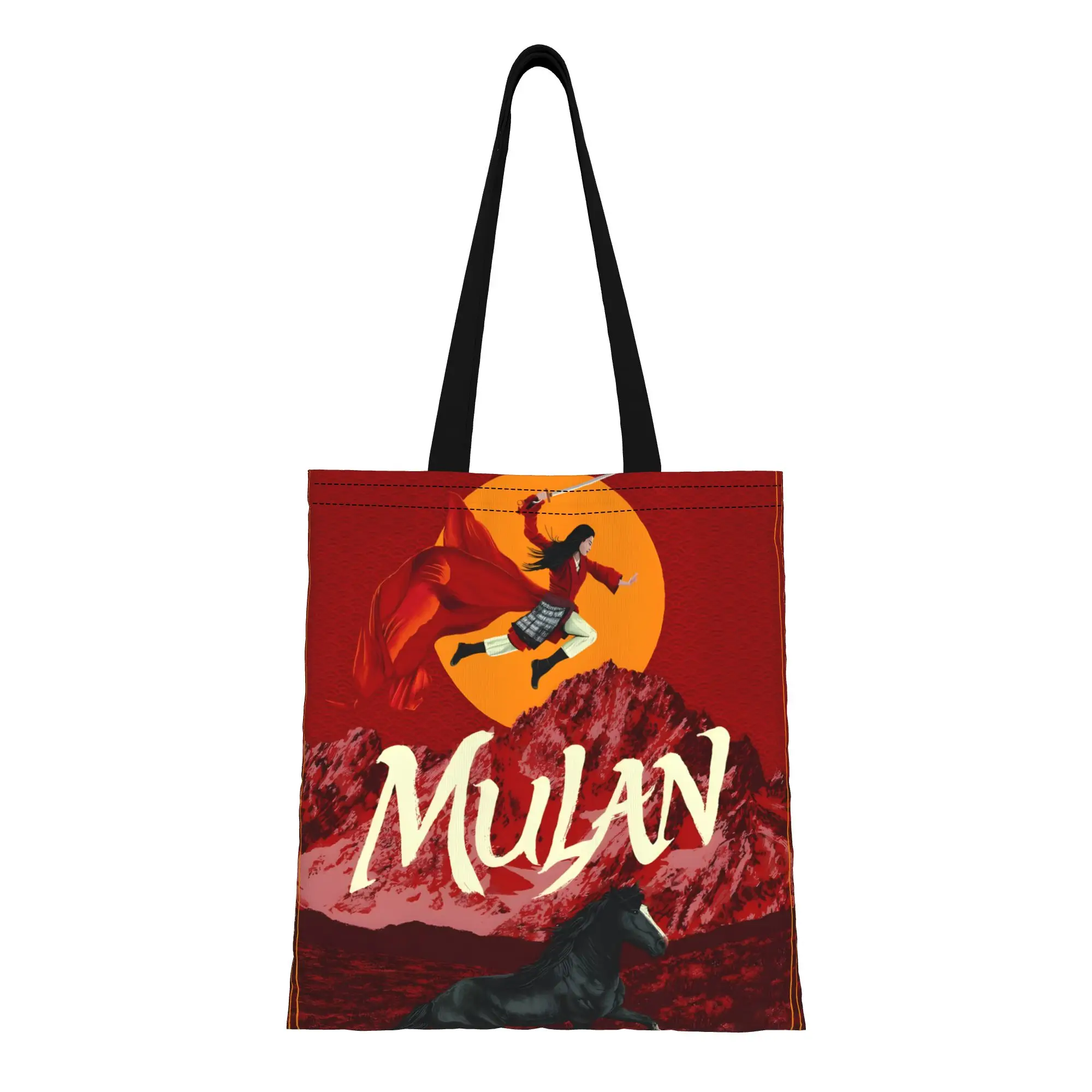 

1PC Large Capacity go to war Mulan Canvas Tote Bag Foldable Chic Pattern No Closed Design