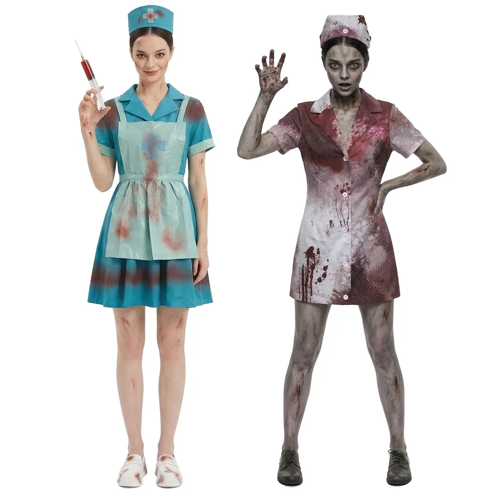 Disfraz de Enfermera Zombi Desgarrada y Sangrienta para Mujer, Disfraz de Halloween con Sombrero y Delantal, Atuendo de Cosplay para Fiesta de Terror