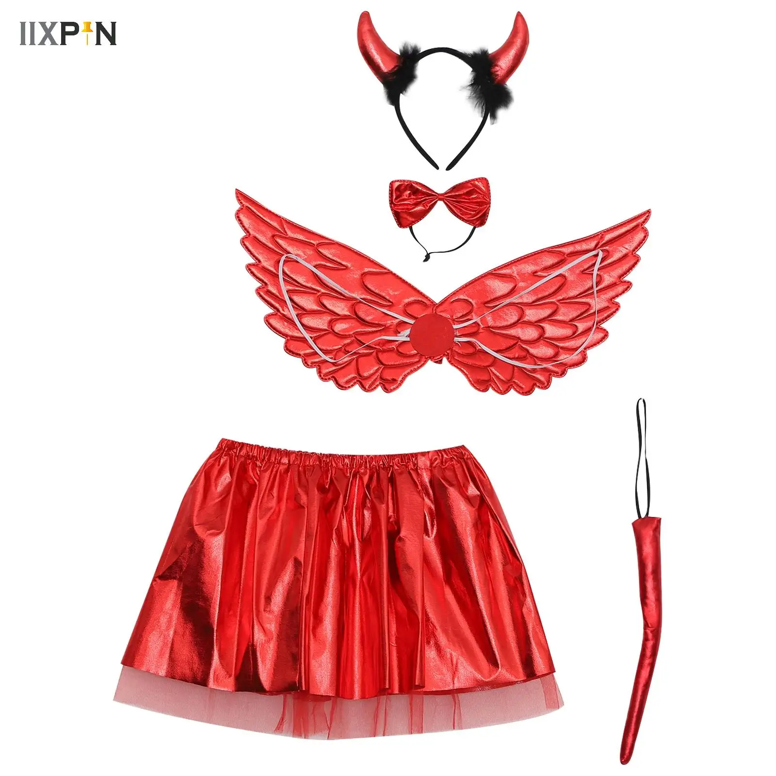 Metallic Devil Cosplay Kostüm zubehör Kinder Mädchen Halloween gehörnte Kopf bedeckung Fliege faltbare Flügel Rock und Schwanz 5-teiliges Set