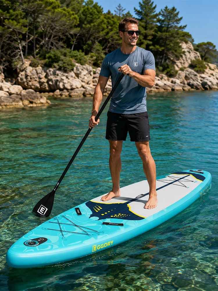 Eggory 10Ft11In Aufblasbares Stand-Up-Paddle-Board 33 Zoll Ultra-Breites SUP-Board 400 lbs Tragkraft 12-15 PSI für Erwachsene und Anfänger mit verstellbarem Paddel, 3 abnehmbaren Finnen,