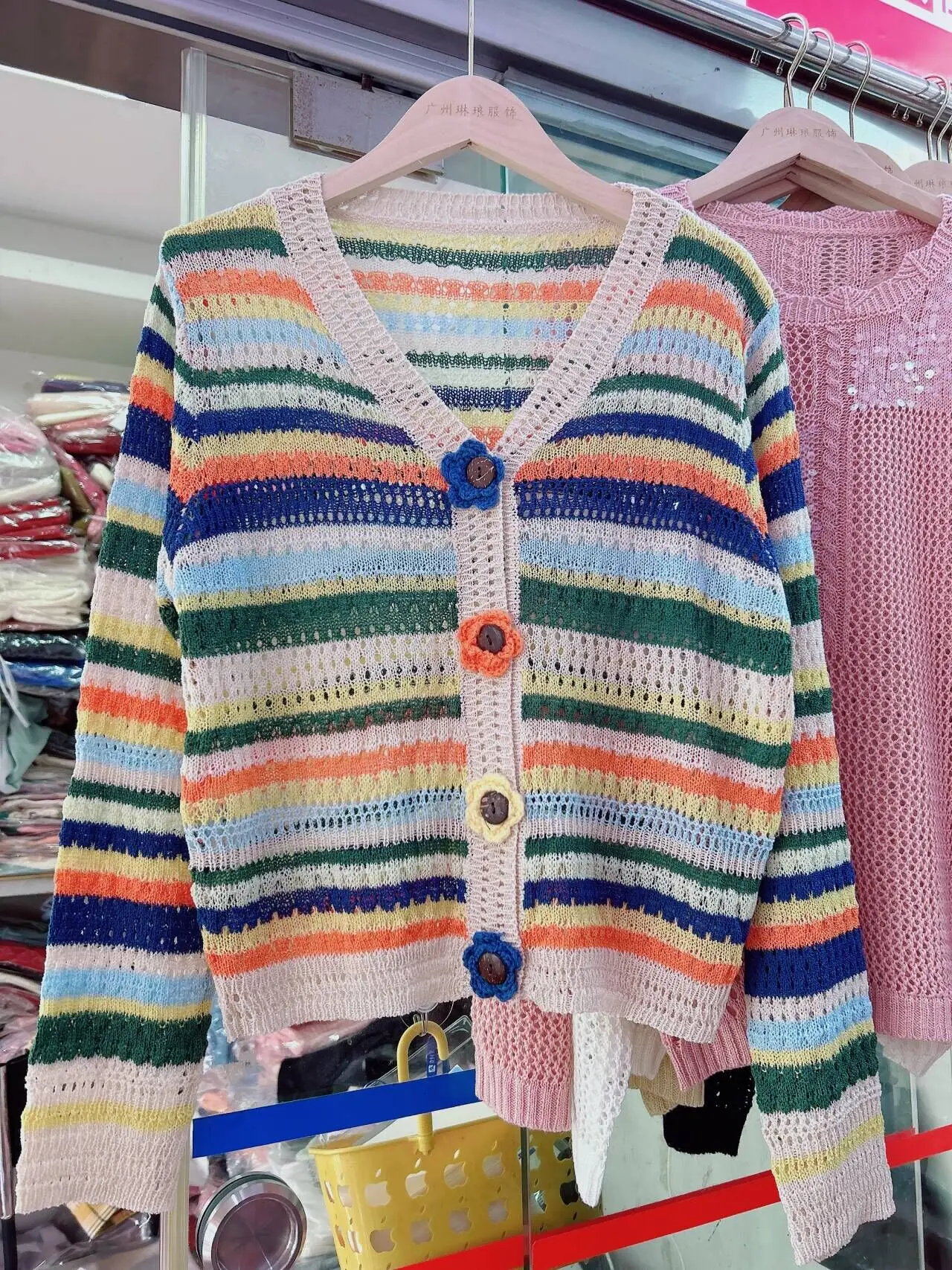 

French Hollowed Out Rainbow Striped V Neck Knitted Cardigan Linen T Shirt Slimming Design Long Sleeved Loose Female Tops X988