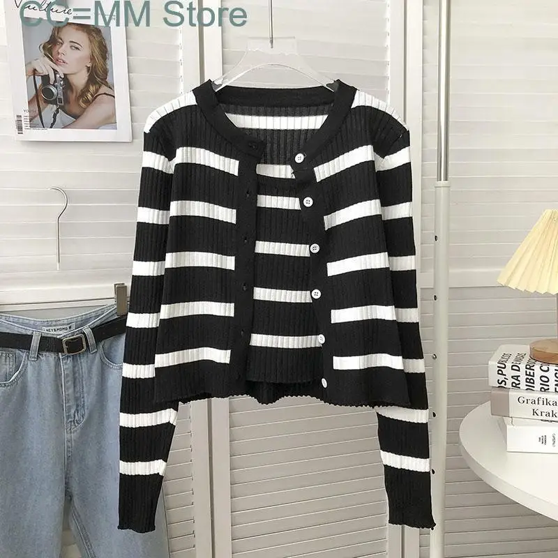 New Striped White Cardigan and Tank Tops 2 Piece Sets Office Ladies Fashion Long Sleeve Autumn Winter Knitted Sweater