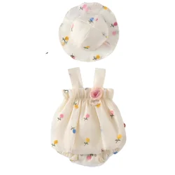 2pcs with Hat Korean Style Soft Summer Sleeveless Newborn Baby Girl Romper with Hood and Floral Embroidered for 0 - 2 Years Old