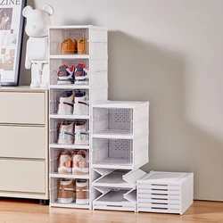 Caja organizadora de almacenamiento de zapatos transparente apilable de 1 nivel, a prueba de polvo, armario de alta calidad, estante para zapatos plegable