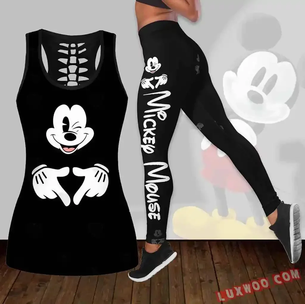 

New Mickey Mouse Women's Hollow Tanktop Leggings Yoga Set Summer Fitness Leggings Tracksuit Disney Cutout Tank Top Leggings Set