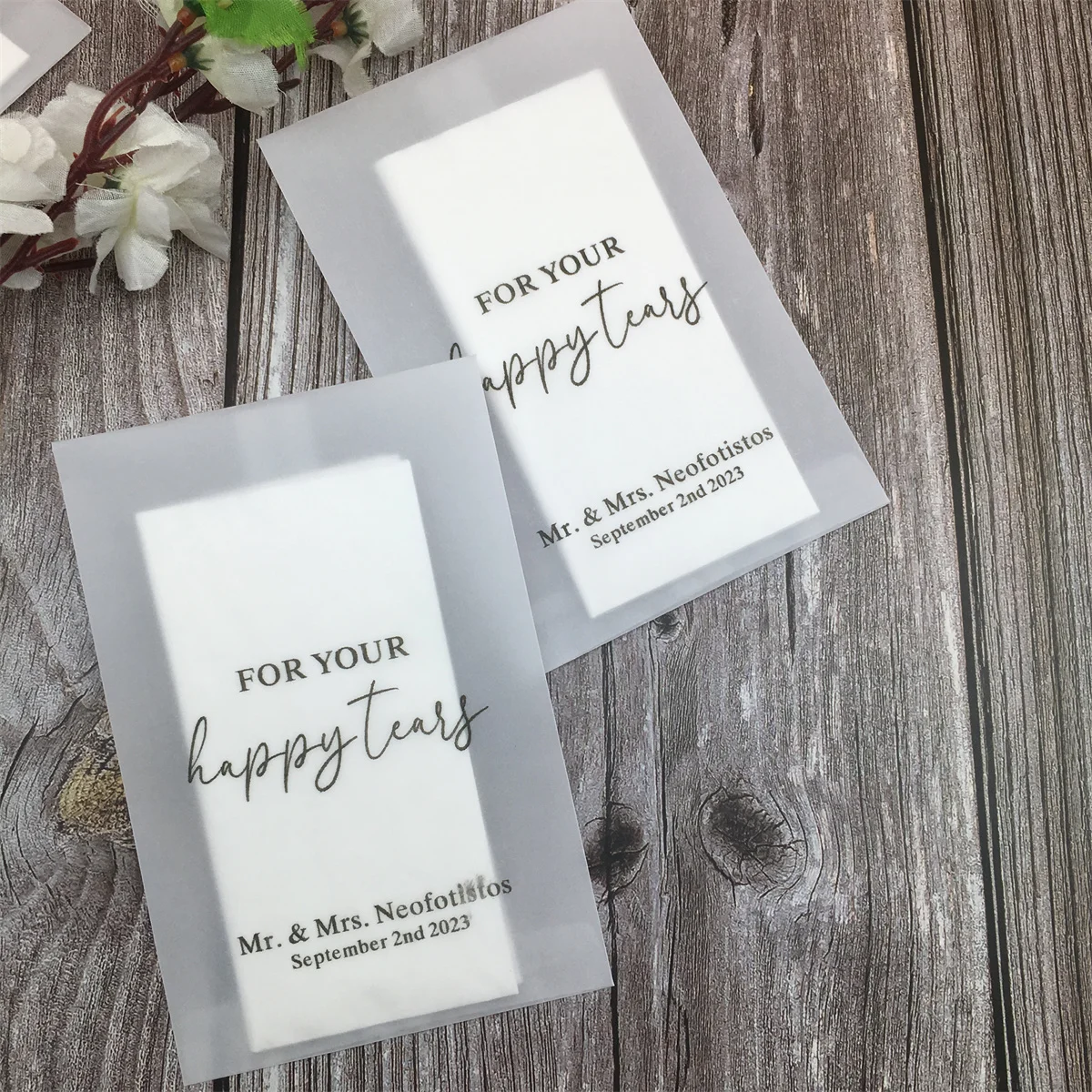 25pcs Happy Tears Wedding Tissues Packets 100% Biodegradable Glassine - Pre Filled Wedding Tissue Bag Personalised